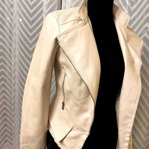 Beige vegan leather moto jacket zip-up jacket, S